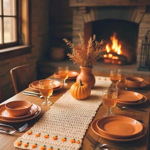 Puede incluir: Una mesa de comedor de madera preparada para una comida de otoño. La mesa está decorada con platos, cuencos y vasos de color naranja. Un camino de mesa color crema con detalles de calabazas naranjas recorre el centro. Una pequeña calabaza y un jarrón con flores secas completan el tema otoñal.