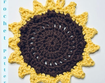 May include: A crocheted sunflower coaster with a brown center and yellow petals. The coaster is made with a simple stitch pattern and is perfect for adding a touch of handmade charm to your home.