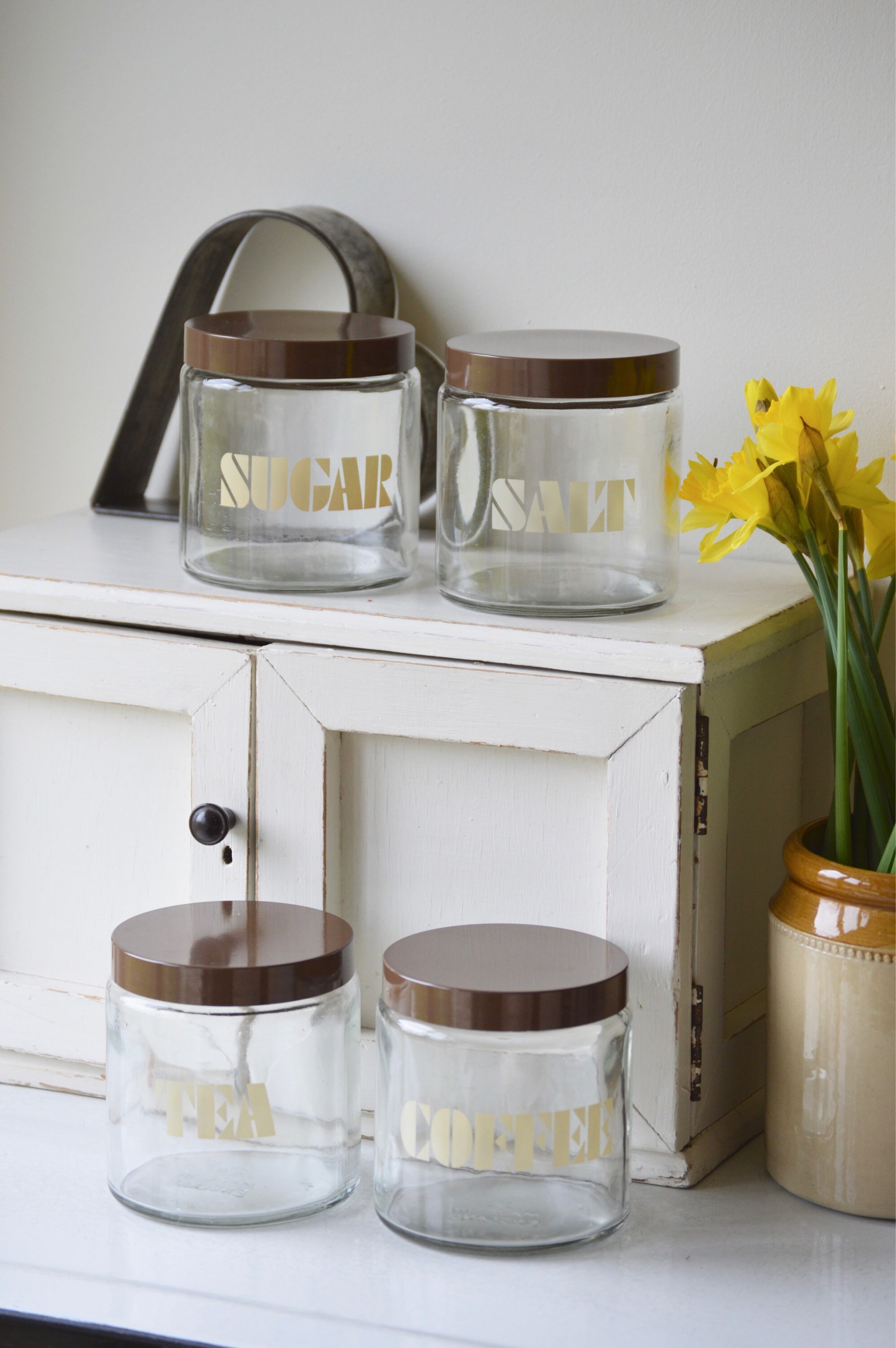 Four Vintage Retro Glass Tea, Coffee, Sugar, Salt Canisters Jars Etsy UK