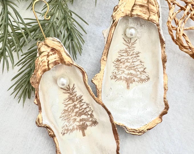 Oyster Shell Christmas Ornament | Gold Leaf Trim, Decoupaged Tree, Pearl Topper, Coastal Keepsake