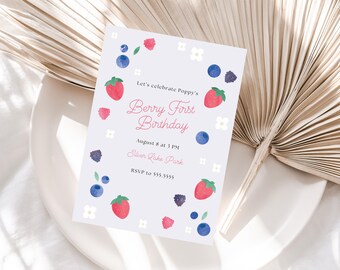 Invitación de primer cumpleaños de bayas, invitación de primer cumpleaños de fresas, invitación de primer cumpleaños de arándanos, invitación de cumpleaños editable de bayas