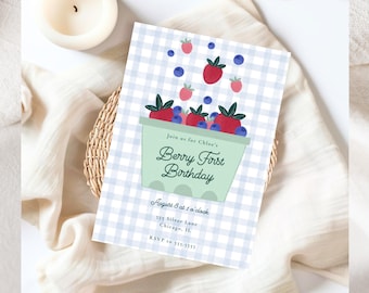Invitación de primer cumpleaños de bayas, invitación de primer cumpleaños de fresas, invitación de primer cumpleaños de arándanos, invitación de cumpleaños editable de bayas