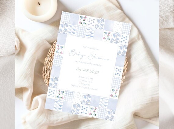 Blue Quilt Baby Shower Invite, Blue Patchwork Baby Shower Invite, Baby Shower Invitation Template, Canva Baby Shower Invitation Template