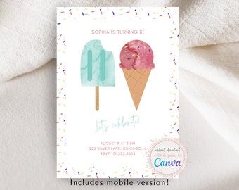 Popsicle Ice Cream Birthday Party Invitation, Ice Cream Birthday, Canva Template Birthday Party Invitation, Editable Birthday Invite, DIY