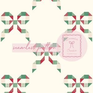 May include: A seamless pattern with repeating bow motifs in red, green, and white patchwork. The bows are set against a cream background. The text "seamless pattern" and "December Creative" are also visible.
