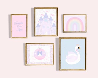 Galería de pared de princesas, galería de pared imprimible de cuentos de hadas de princesas, juego de galería de pared imprimible para habitación de bebé, láminas artísticas imprimibles para habitación de niña