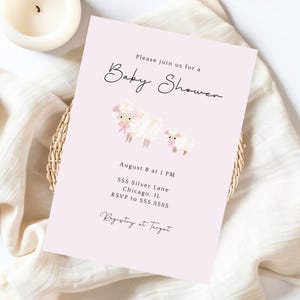 Lamb Baby Shower Invitation Template, Baby Girl Lamb Baby Shower Invitation, Lamb Baby Shower Editable Invitation Template, Pink Bow Lamb