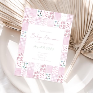Pink Quilt Baby Shower Invite, Pink Patchwork Baby Shower Invite, Baby Shower Invitation Template, Canva Baby Shower Invitation Template