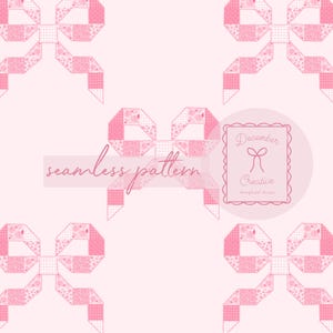Può includere: Un motivo continuo con fiocchi rosa ripetuti su uno sfondo rosa chiaro. Ogni fiocco è composto da varie piccole stampe geometriche e floreali rosa e bianche. È visibile un logo con il testo December Creative e un'icona a fiocco.