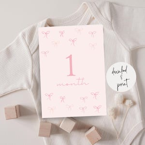 Cartes d'étape mensuelles avec noeuds roses, cartes d'étape mensuelles imprimables numériques, 5 x 7 cartes d'étape mensuelles imprimables, carte mensuelle de bébé fille