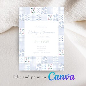 May include: A blue and white baby shower invitation with a patchwork quilt design. The invitation reads "You're invited to a Baby Shower to celebrate Taylor and baby. August 8, 2023. Join us at 2 PM. 123 Blue Lane. Chicago, IL. Registry at Target & Amazon."
