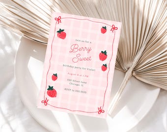 Invitación de cumpleaños de bayas, invitación de cumpleaños de fresa, invitación de primer cumpleaños de bayas, invitación de cumpleaños editable de bayas