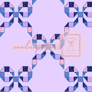 Purple and Blue Bow Quilt Seamless Pattern, Patchwork Digital Paper (Digital Download)