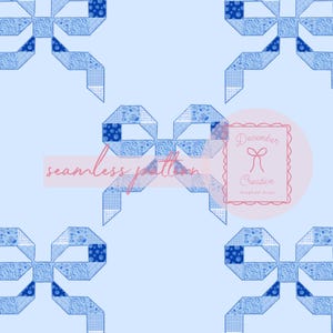 Puede incluir: Un patrón continuo con lazos azules repetidos sobre un fondo azul claro. Cada lazo está compuesto por varios tonos de azul con diferentes texturas y diseños. El texto "seamless pattern" y "December Creative" es visible.