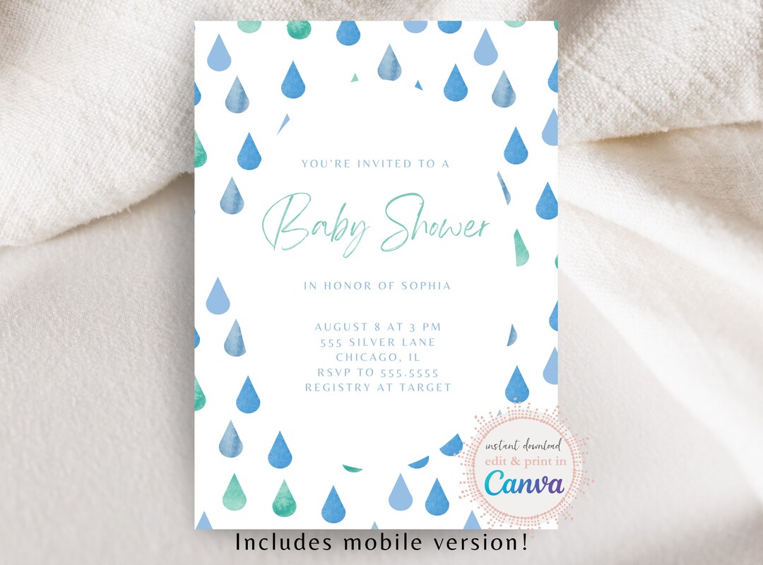 Blue Watercolor Raindrops Baby Shower Invitation, Blue Raindrops Baby ...