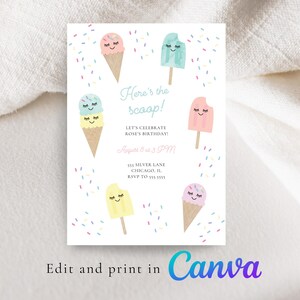K&ouml;nnte beinhalten: Eine wei&szlig;e Einladungskarte mit Aquarellillustrationen von Eiswaffeln und Eis am Stiel. Der Text "Here's the scoop!" und Veranstaltungsdetails sind abgebildet. Der untere Teil der Karte lautet "Edit and print in Canva".