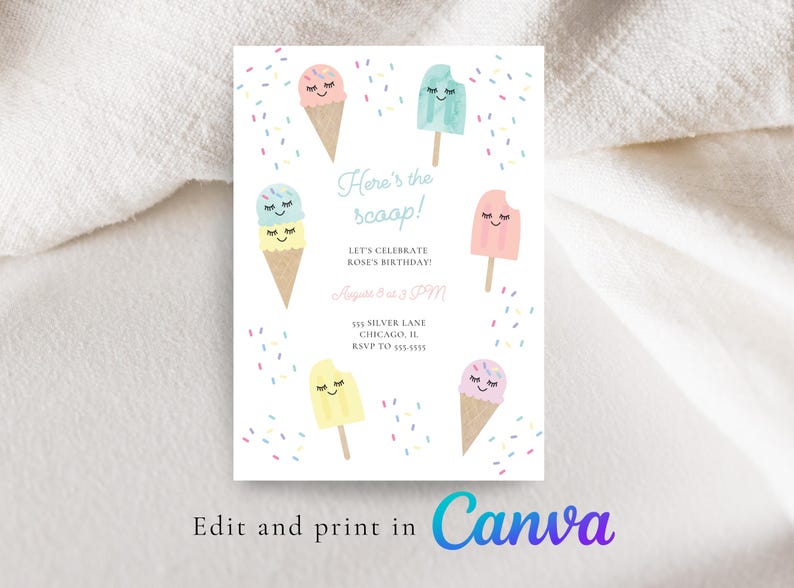 K&ouml;nnte beinhalten: Eine wei&szlig;e Einladungskarte mit Aquarellillustrationen von Eiswaffeln und Eis am Stiel. Der Text "Here's the scoop!" und Veranstaltungsdetails sind abgebildet. Der untere Teil der Karte lautet "Edit and print in Canva".