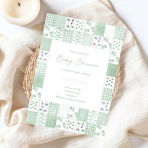 Green Quilt Baby Shower Invitation, Gender Neutral Quilt Baby Shower Invitation, Baby Blanket Baby Shower Invitation, Canva Invite Template