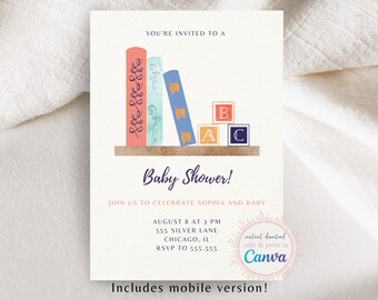 Bookshelf Baby Shower Invitation, Book Baby Shower Invitation, Canva Template Invitation, Book Themed Baby Shower Invite, Mobile Invitation