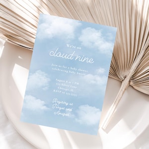 Cloud Baby Shower Invitation Editable Template, On Cloud Nine Baby Shower Invitation, Blue Cloud Baby Shower Editable Invitation Template