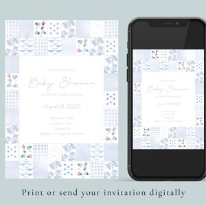 May include: A blue and white baby shower invitation with a patchwork quilt design. The invitation text reads "You are invited to a Baby Shower in celebration of [baby's name] on August 8, 2023 at 3 PM, 123 Willow Lane, Chicago, IL. Registry at Target & Amazon."