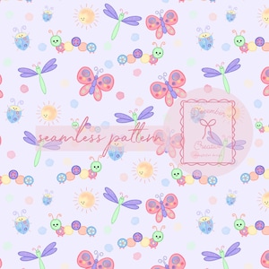 May include: A seamless pattern featuring colorful cartoon butterflies, dragonflies, ladybugs, caterpillars, and smiling suns on a light purple background. The design includes the text "seamless pattern" in cursive.