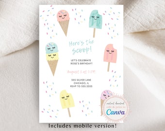 Ice Cream Sprinkles Popsicle Birthday Party Invitation, Ice Cream Birthday, Canva Template Birthday Invitation, Editable Birthday Invite