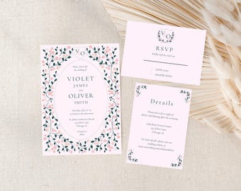 Editable Floral Wedding Invitation Suite, Roses Wedding Invitation Bundle, Customizable Floral Wedding Invite Set, Customizable Invitation
