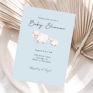 Lamb Baby Shower Invitation Template, Baby Boy Lamb Baby Shower Invitation, Lamb Baby Shower Editable Invitation Template, Blue Bow Lamb