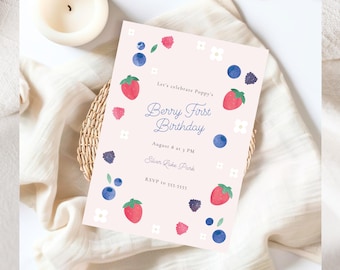 Invitación de primer cumpleaños de bayas, invitación de primer cumpleaños de fresas, invitación de primer cumpleaños de arándanos, invitación de cumpleaños editable de bayas