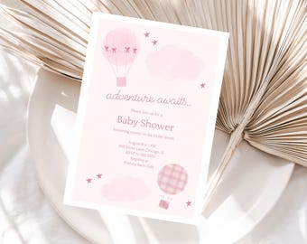 Editable Hot Air Balloon Baby Shower Invitation, Pink Hot Air Balloon Baby Shower Invitation, Adventure Awaits Baby Shower Invitation