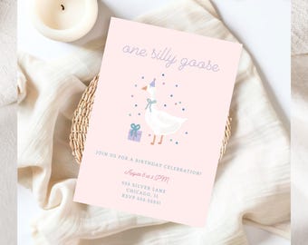 One Silly Goose Birthday Party Invitation, One Silly Goose Printable Birthday Invitation, Silly Goose Editable Canva Invitation Template,