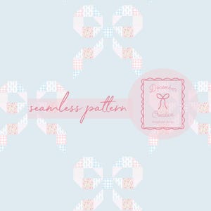 May include: A seamless pattern design featuring repeating bow shapes in pastel colors of pink, blue, and white. The words "seamless pattern" are written in a cursive font. A pink circle with the words "December Creative" is also present.