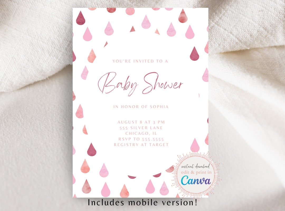Pink Watercolor Raindrops Baby Shower Invitation, Pink Raindrops Baby ...