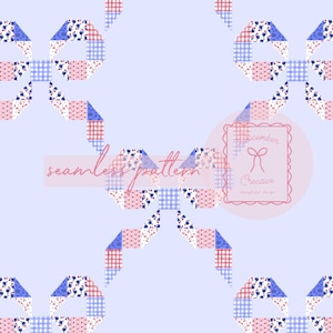 May include: A seamless pattern featuring repeating bow shapes constructed from patchwork squares in shades of light blue, pink, and red. The design includes floral prints, gingham checks, and solid colors on a pale lavender background with text overlay.