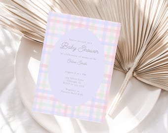 Druckbare Gingham Baby Shower Einladung Vorlage, Gingham Baby Shower Einladung, Gingham Baby Shower Einladung Vorlage