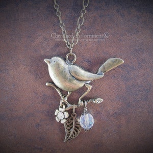 Bird on Branch - Antique Bronze Tone Metal Findings, Chain and Lobster Claw Clasp - Clear Crystals and Bead