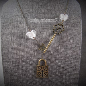 Heart, Lock and Key - Antique Bronze Tone Lariat Necklace featuring White Glass Foil Heart Beads
