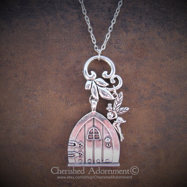 Fairy Door Pendant with Stylized Leaf Bail and Fairy - Silver Tone Metal Findings, Chain and Lobster Claw Clasp