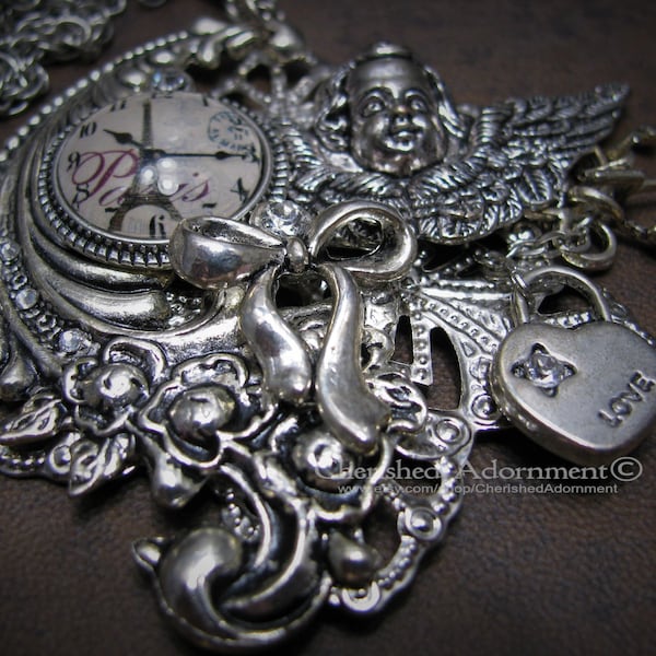 Cherub  Paris Clockface Pendant - Antique Silver Tone Metal with Clear Crystals, Chain and Clasp