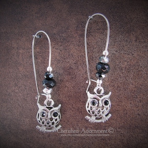 Owl Earrings - Antique Silver Tone Metal with Jet Black Crystals and Beaded Ear Wires