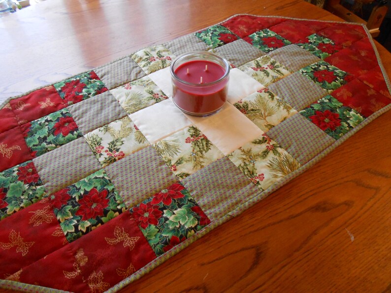 Christmas Table Runner With Holly And Poinsettia Print Cotton Fabric Hand Quilted Can Be Used As Chair Cover Bed Runner Banner Over Rail