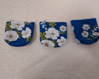 Coin Purse with Zipper on top: Designer Cotton Fabric, blues with white flowers