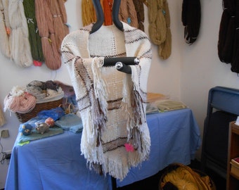 Hand Spun Wool Shawl: Mohair Llama Fiber, Triangle Loom Woven