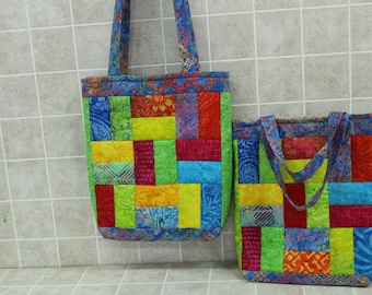 Bright Batik Quilted Handbag: Rainbow Rail Pattern Cotton Tote