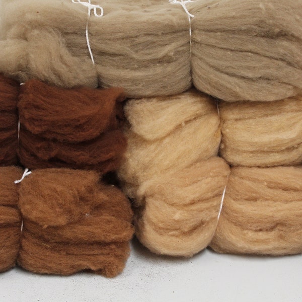 Walnut browns, natural dyed carded Corriedale wool, several colors from the Walnuts, great for felting and other crafts