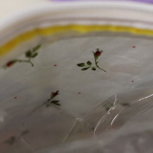 May include: A white fabric bag with a yellow zipper and a floral pattern. The fabric has a sheer, translucent quality and features small red flowers and green leaves.