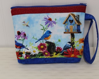 Bird & Flower Zipper Pouch: Designer Cotton Fabric, Spring Gift