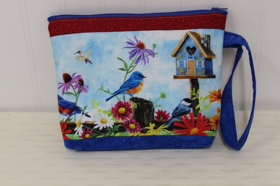 Bird & Flower Zipper Pouch: Designer Cotton Fabric, Spring Gift