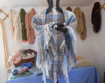 Handwoven Triangle Wool Shawl: Blue Gray Corriedale Yarn